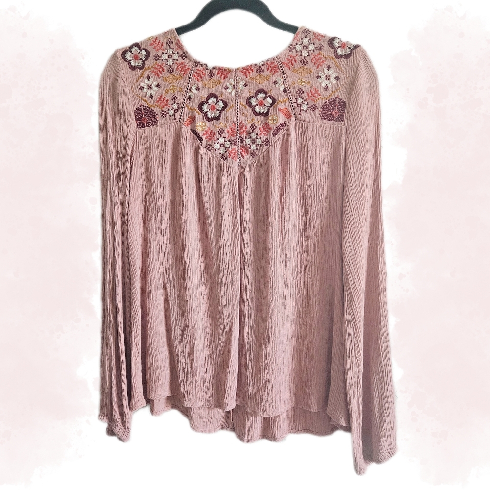 Harper Pink Long Sleeve Blouse with Floral Embroidered Neckline, Size Large